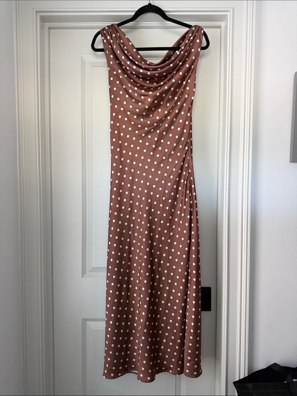 Brown Polka Dot Cowl Neck Maxi Dress